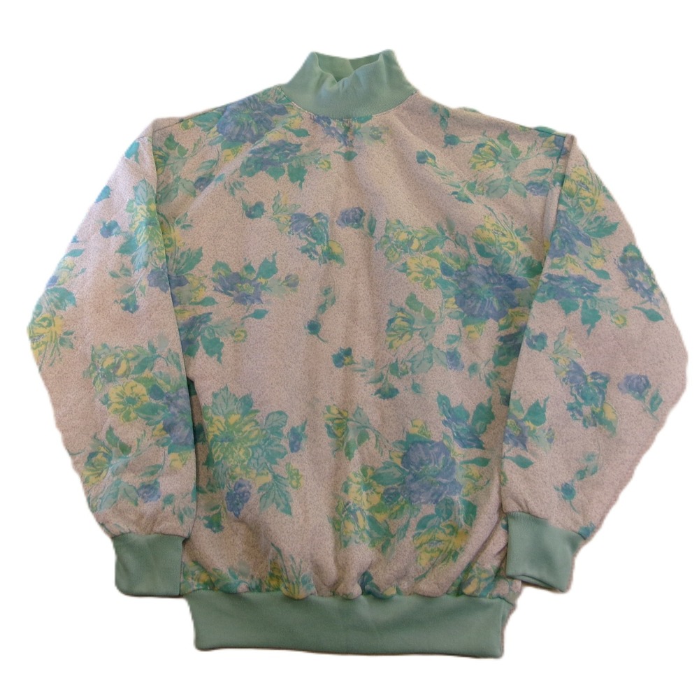 Gitano Womens S Sweatshirt Blue Green Floral Mock Neck Vintage Pullover‎ 80s 90s